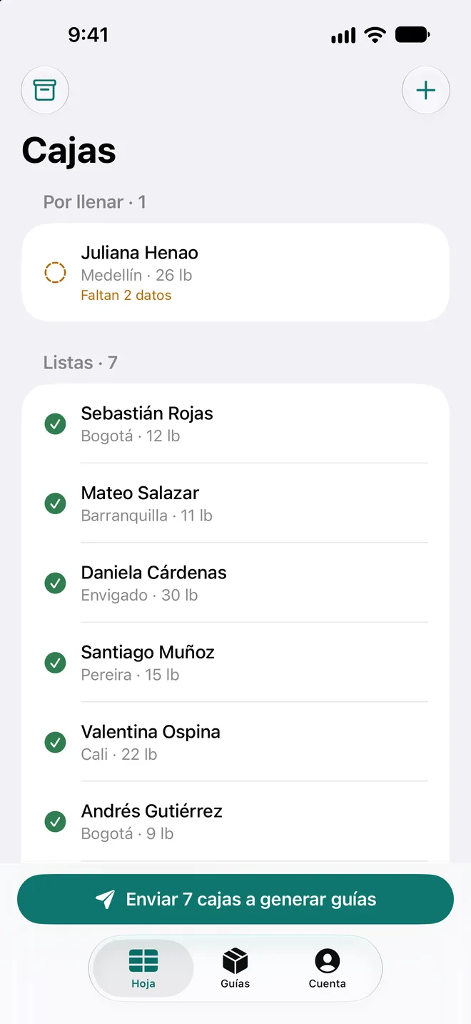La hoja de guías en la app Summa Envíos: las cajas por llenar y las listas para enviar a Summa.